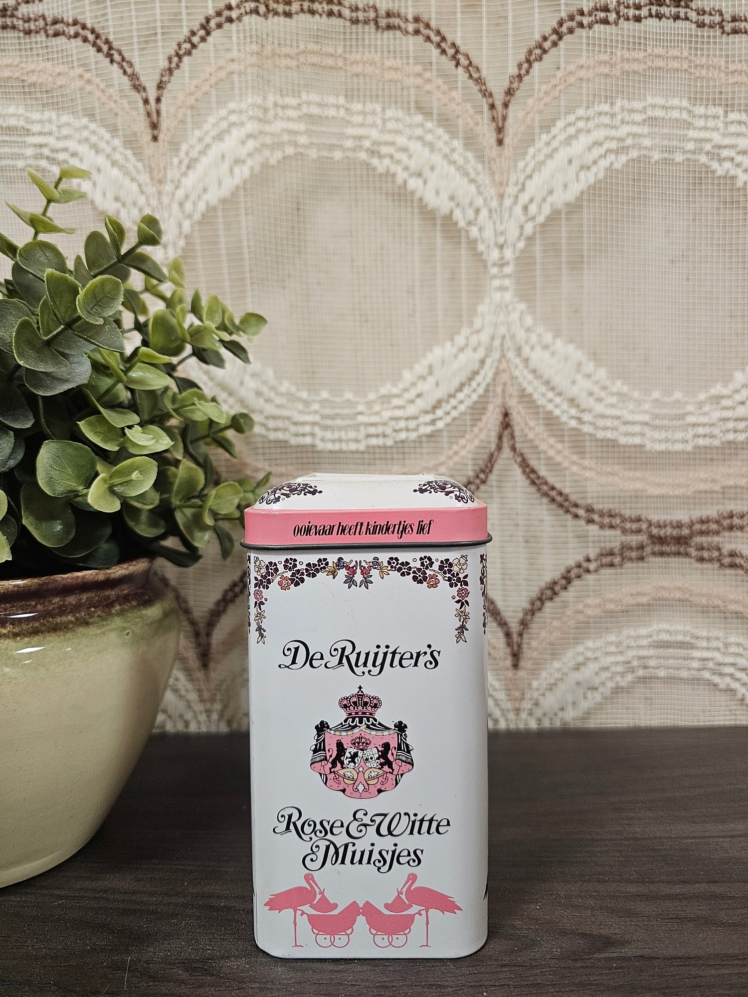 Vintage blik De Ruijter rose &amp; witte muisjes