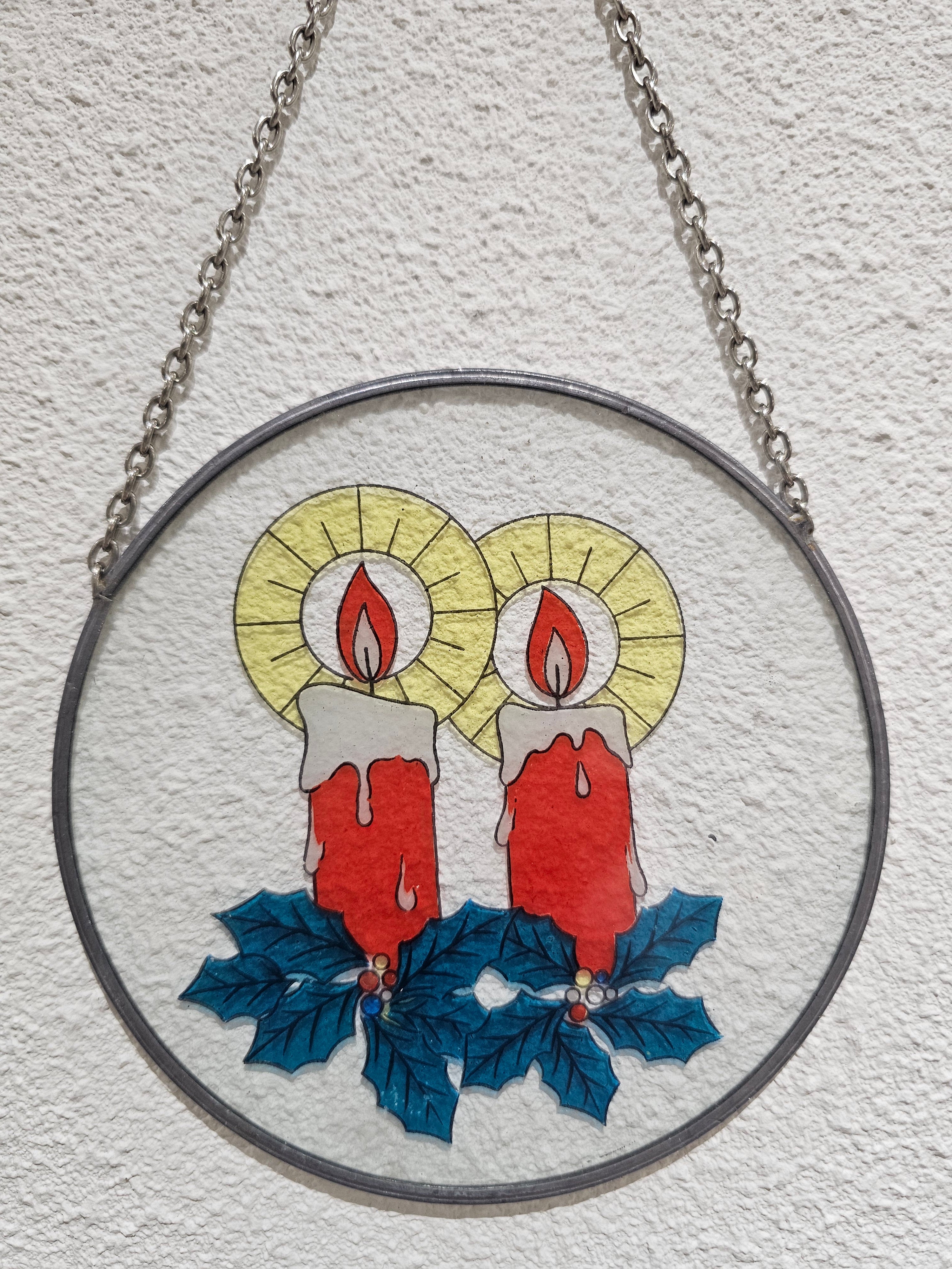 Vintage glas-in-lood raamhanger – kaarsenmotief