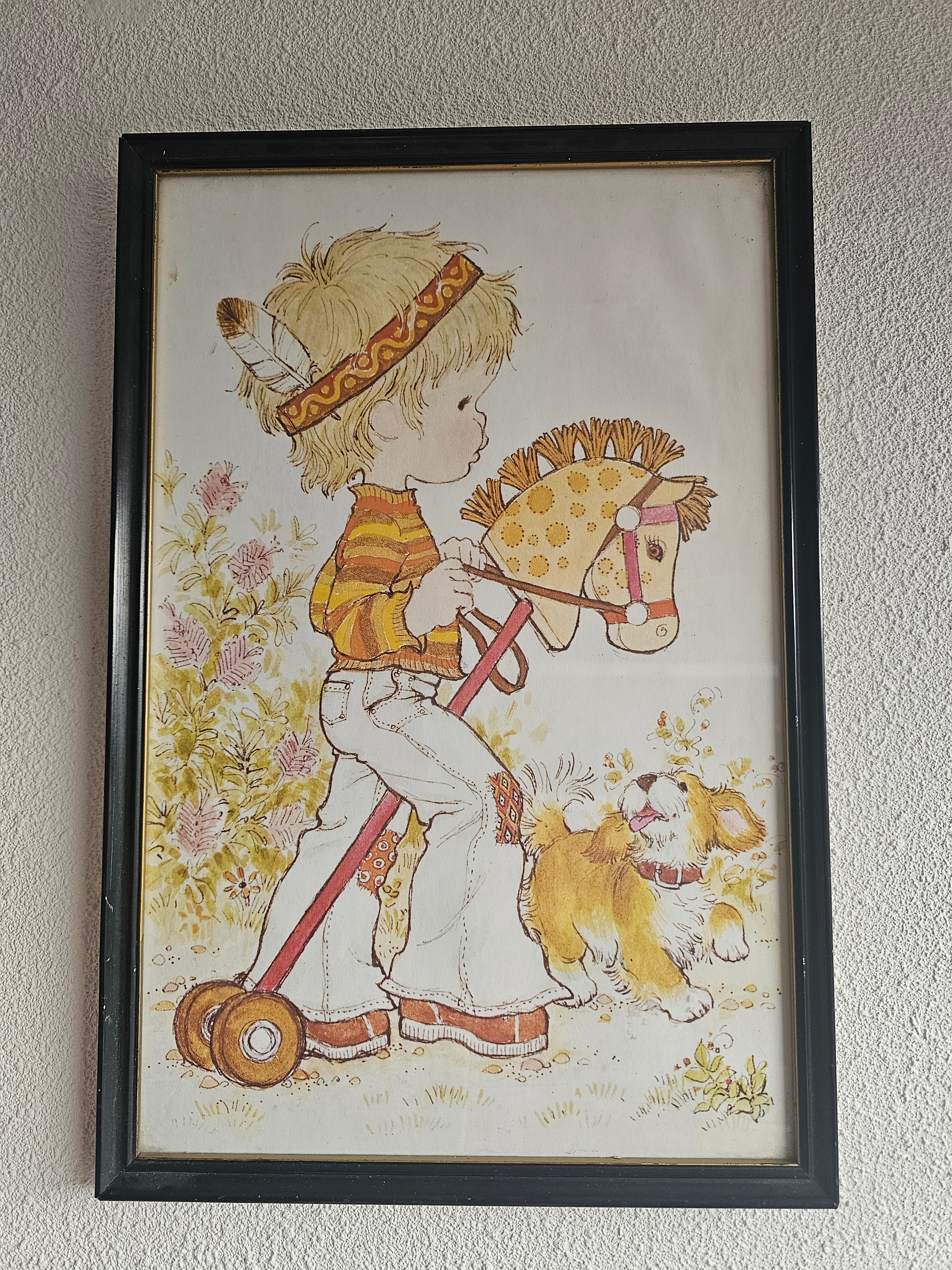 Grote Sarah Kay prent in zwarte lijst  vintage illustratie 43 x 28,5 cm