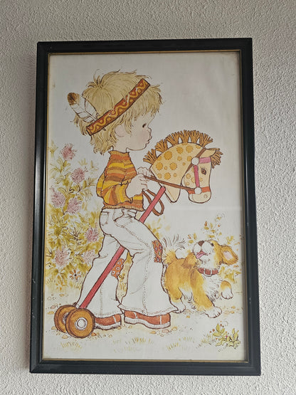 Grote Sarah Kay prent in zwarte lijst  vintage illustratie 43 x 28,5 cm