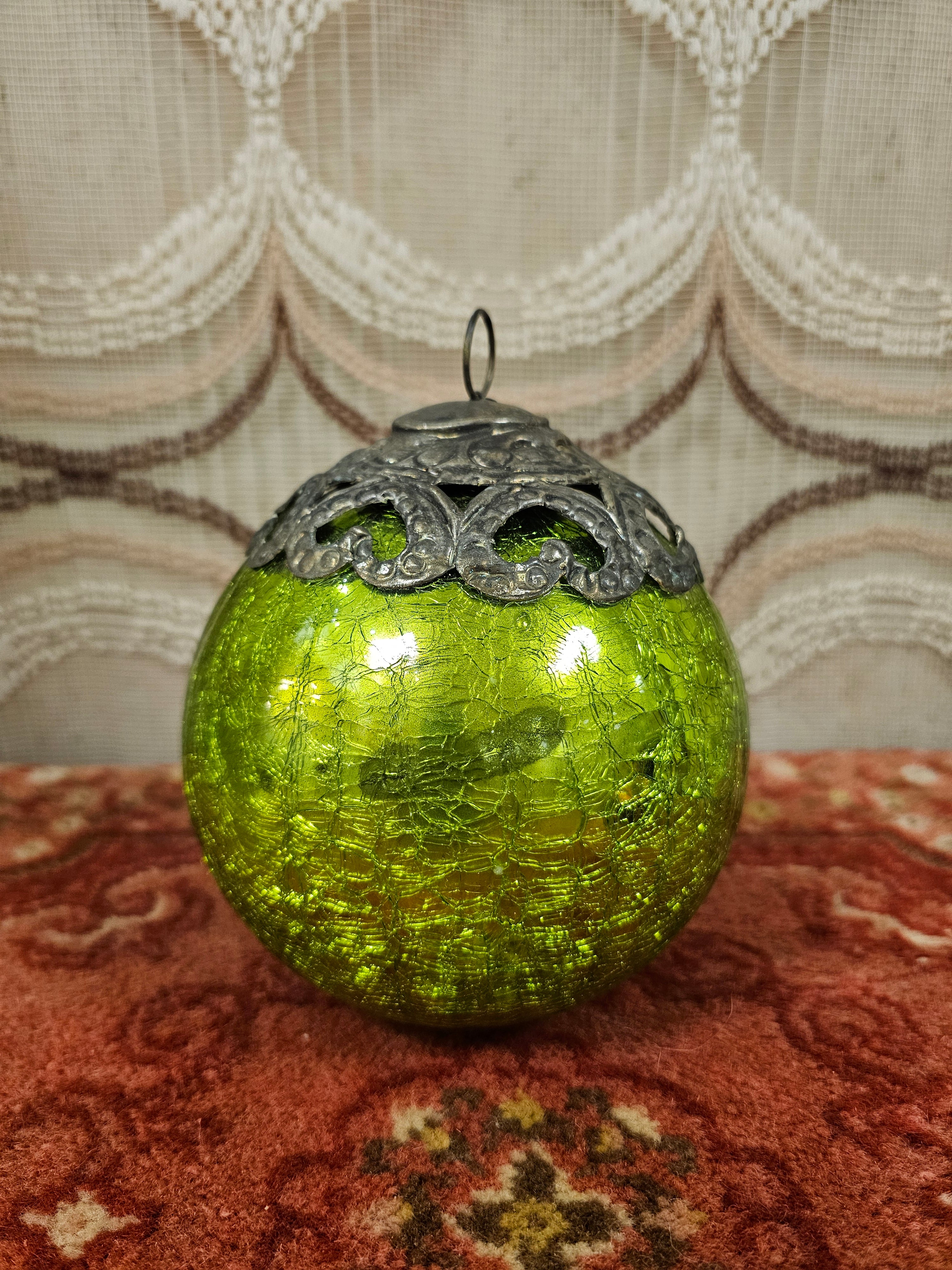 Glazen krakelee heksenbal kerstbal groen 14 cm