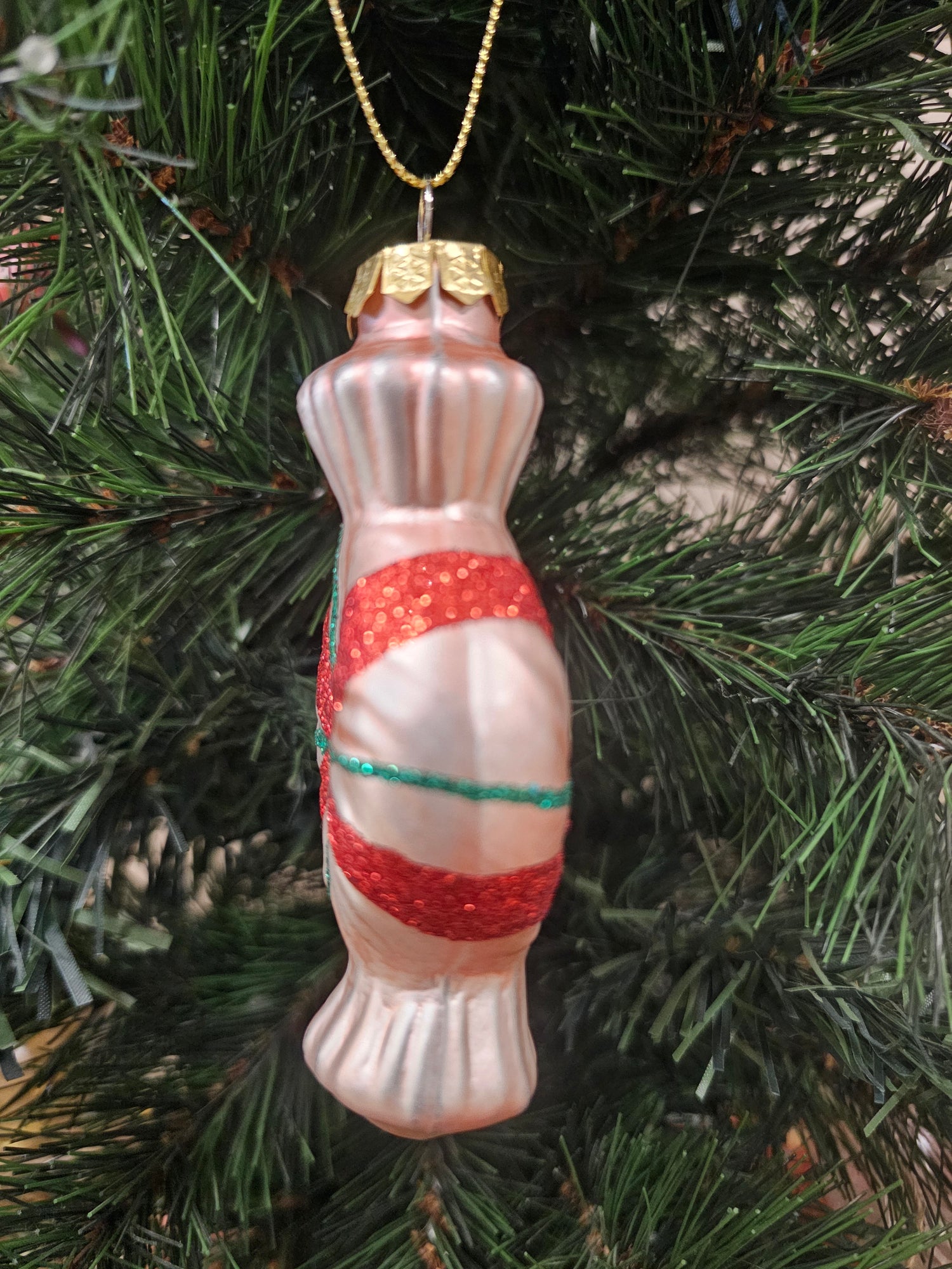 Retro glazen kerstbal snoepje parelmoerroze met glitter