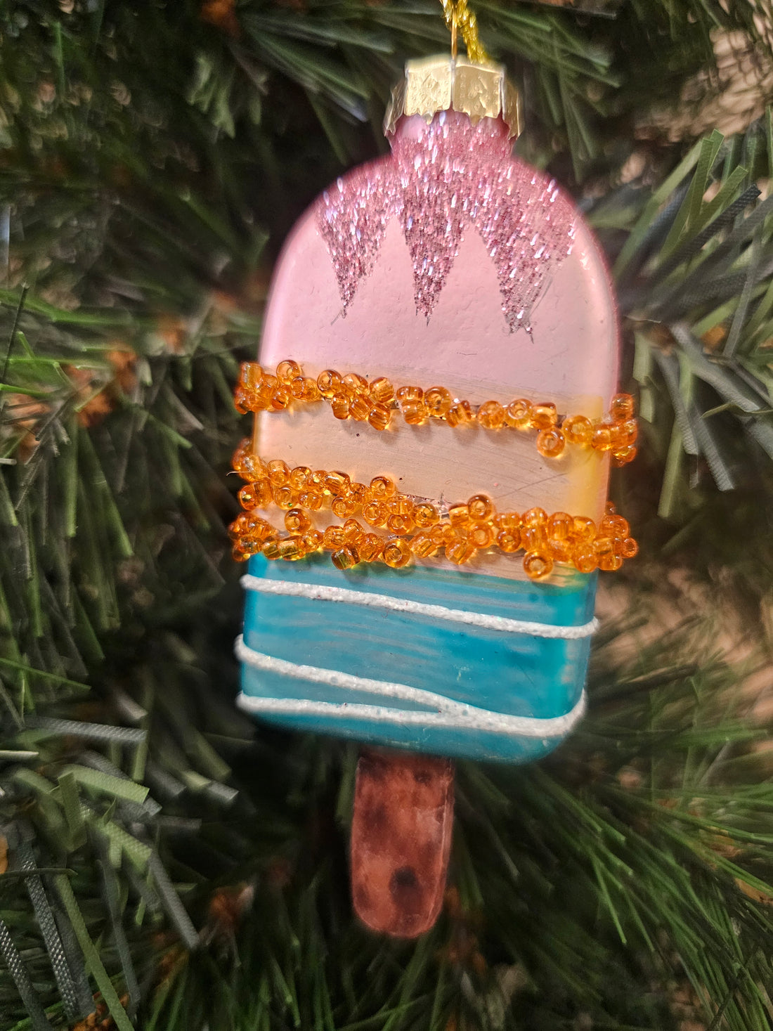 Retro kerstbal ijsje  glazen ornament met glitters en kraaltjes