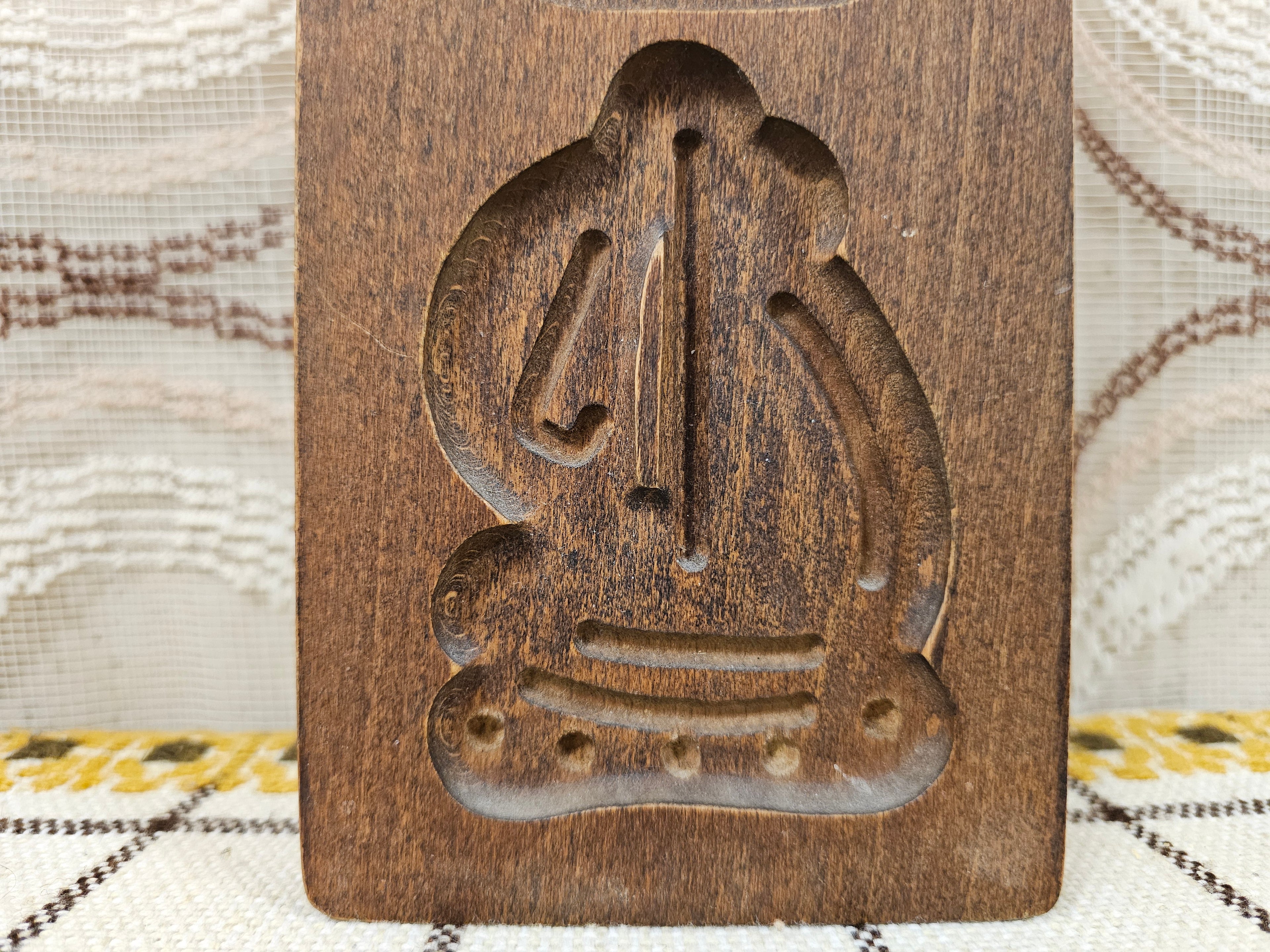 Vintage houten speculaasplank – molen en schip – 23,5 x 11 cm