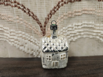 Vintage glazen kerstornament huis zilver circa 6 cm