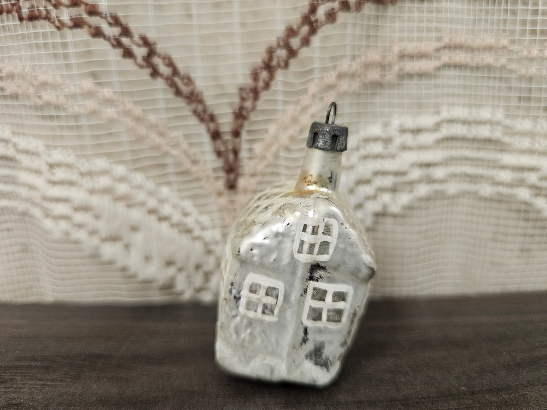 Vintage glazen kerstornament huis zilver circa 6 cm