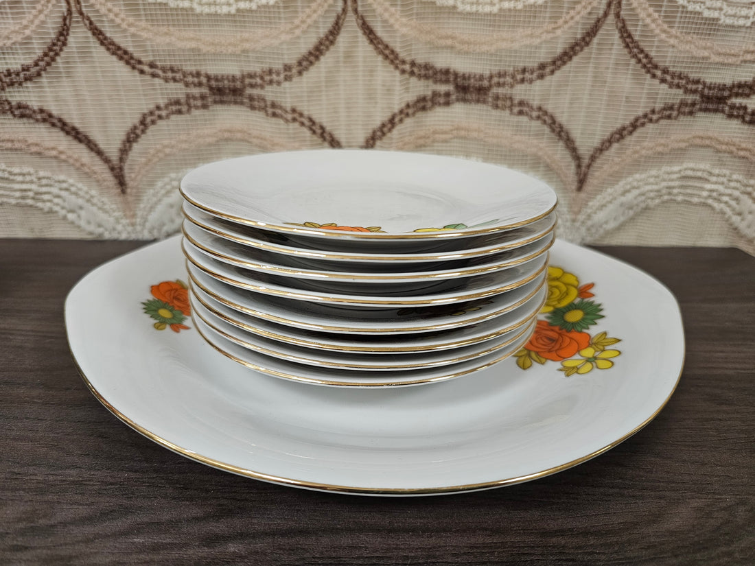 Kronestar Bavaria gebakset vintage bloemenprint, taartbord + 8 gebaksbordjes