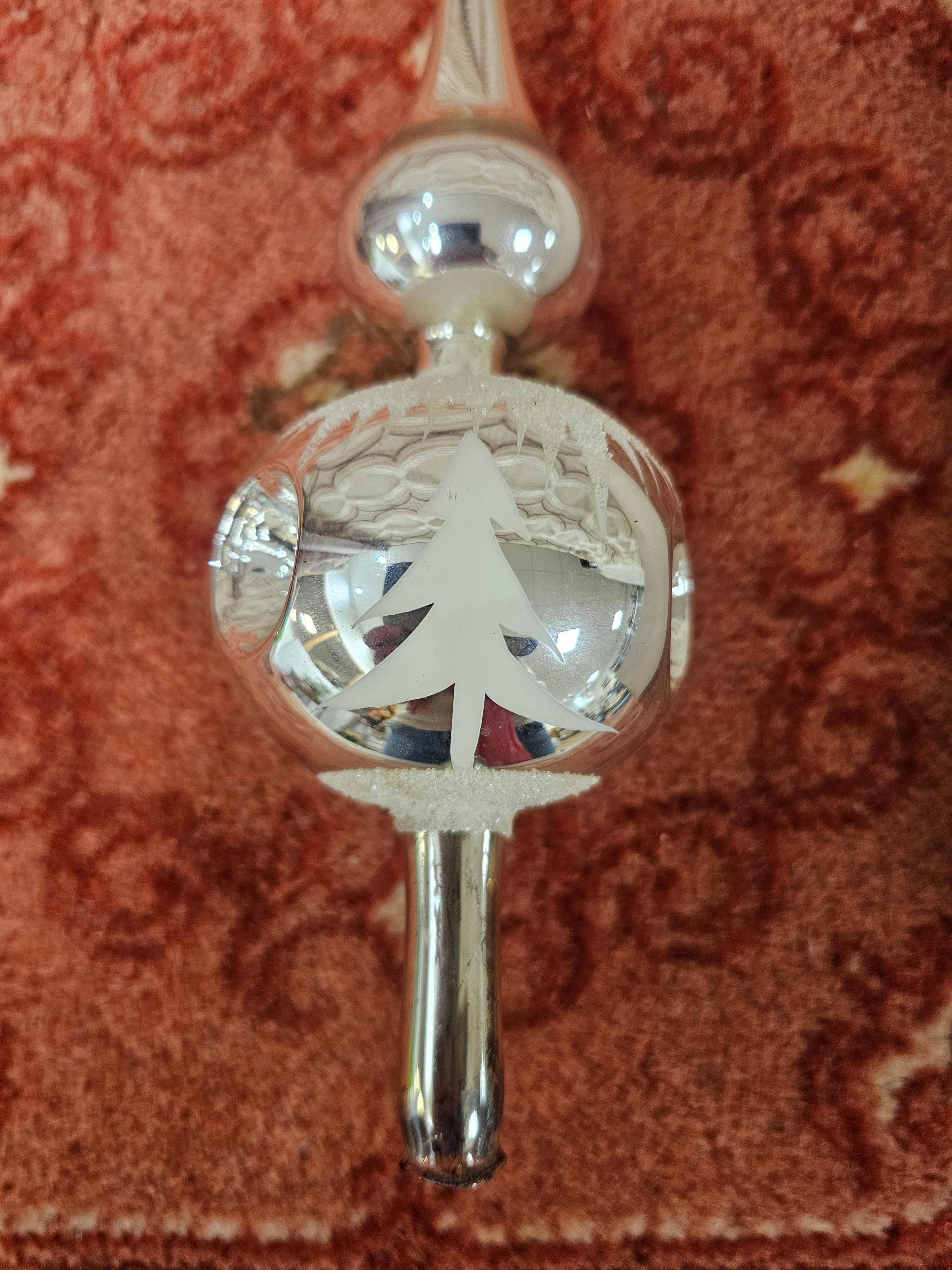 Vintage zilveren glazen kerstpiek met witte kerstboom  30 cm