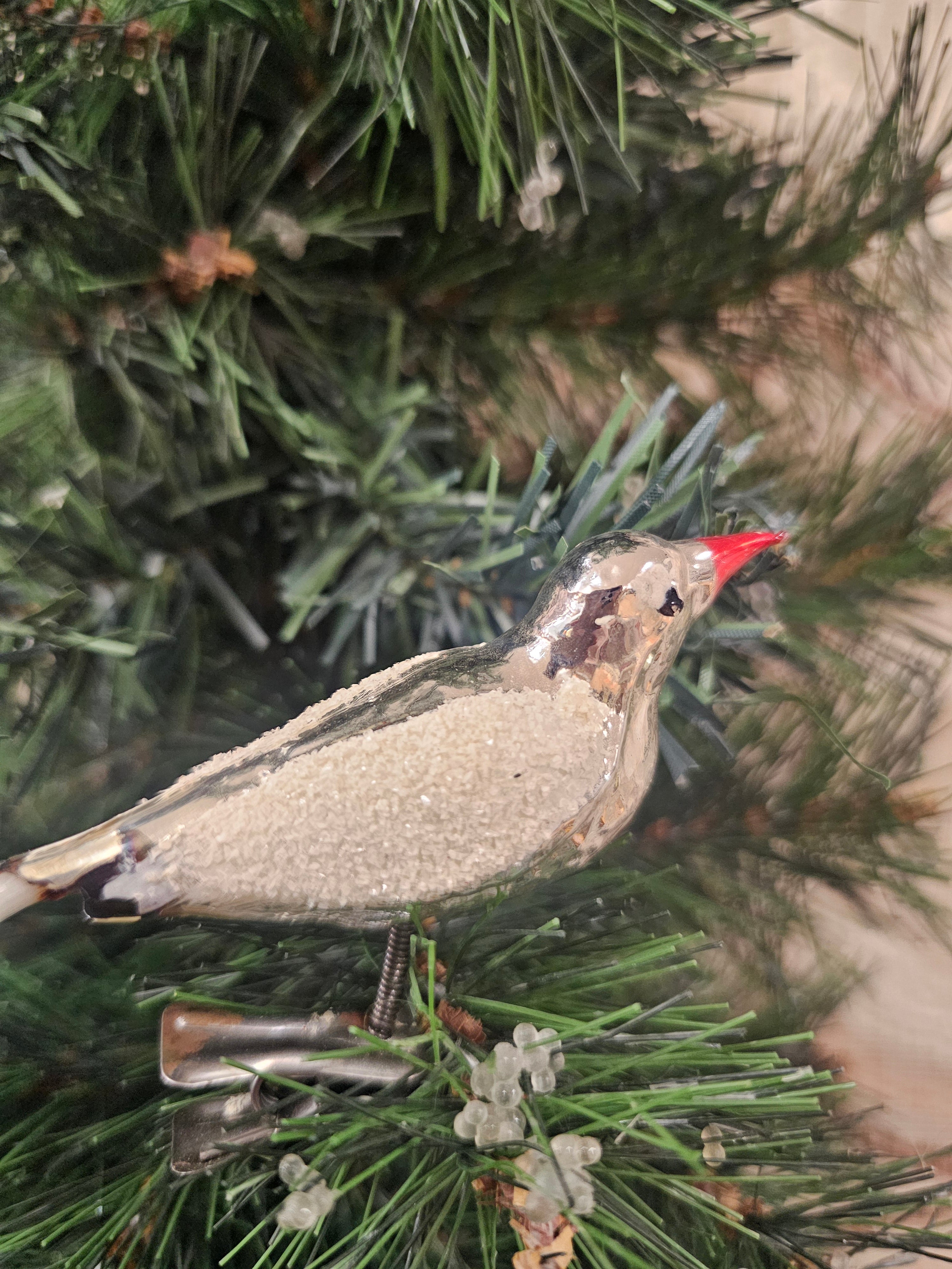 Vintage kerstvogeltje met knijper zilverkleurig