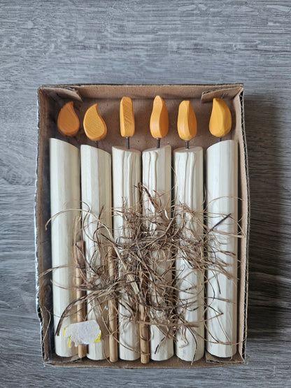 Set van zes houten kaarsen jaren 70 originele verpakking