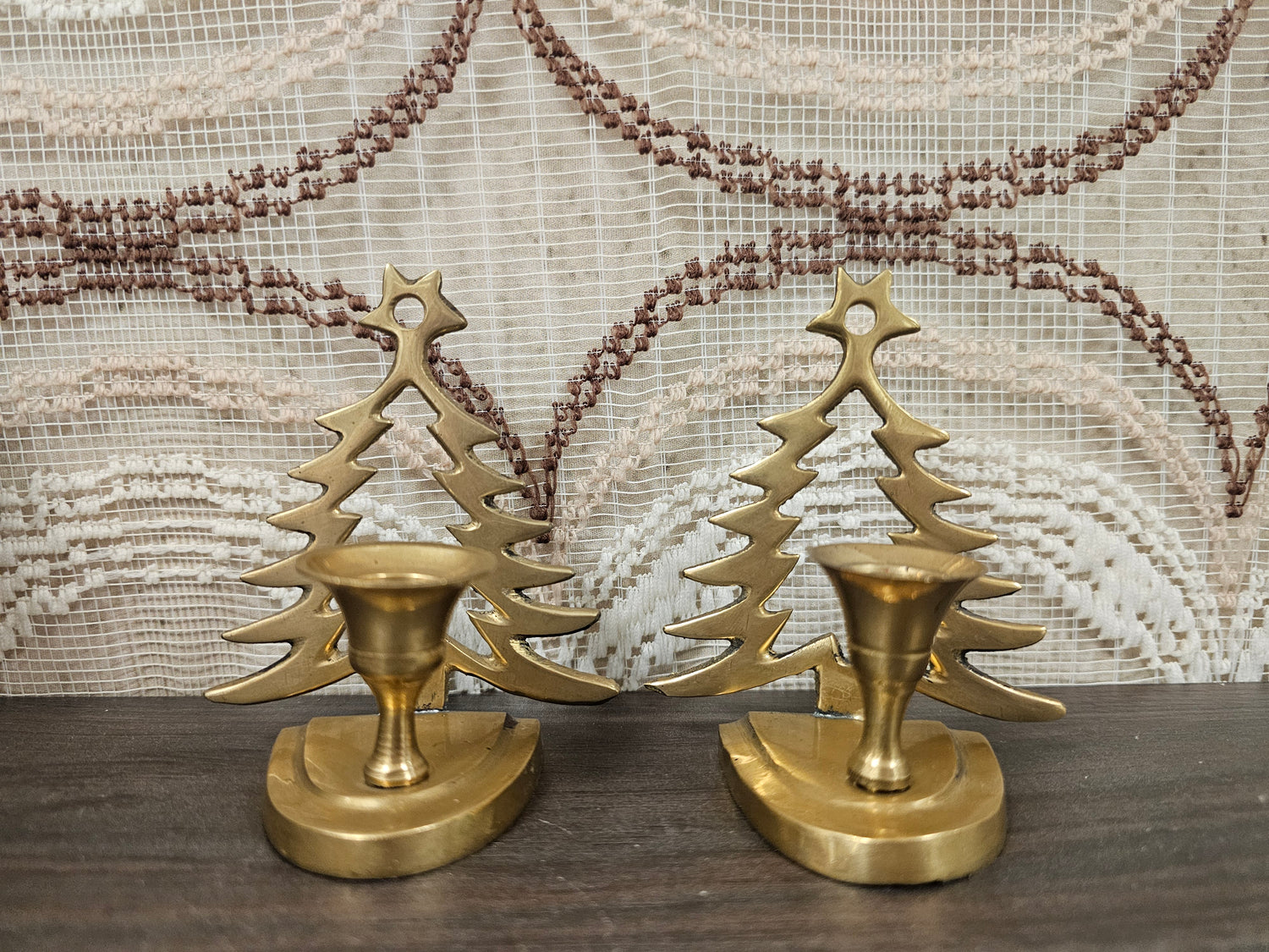 Vintage messing kandelaars met kerstboom set van 2