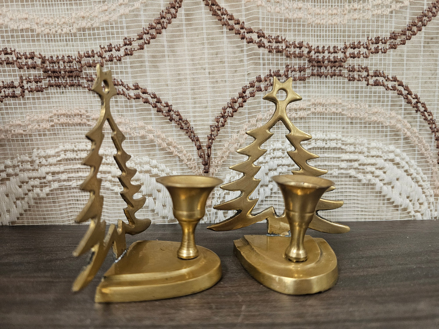 Vintage messing kandelaars met kerstboom set van 2