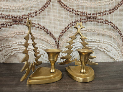 Vintage messing kandelaars met kerstboom set van 2