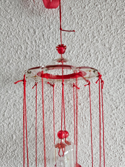 Kerst windgong met glazen belletjes rood &amp; transparant