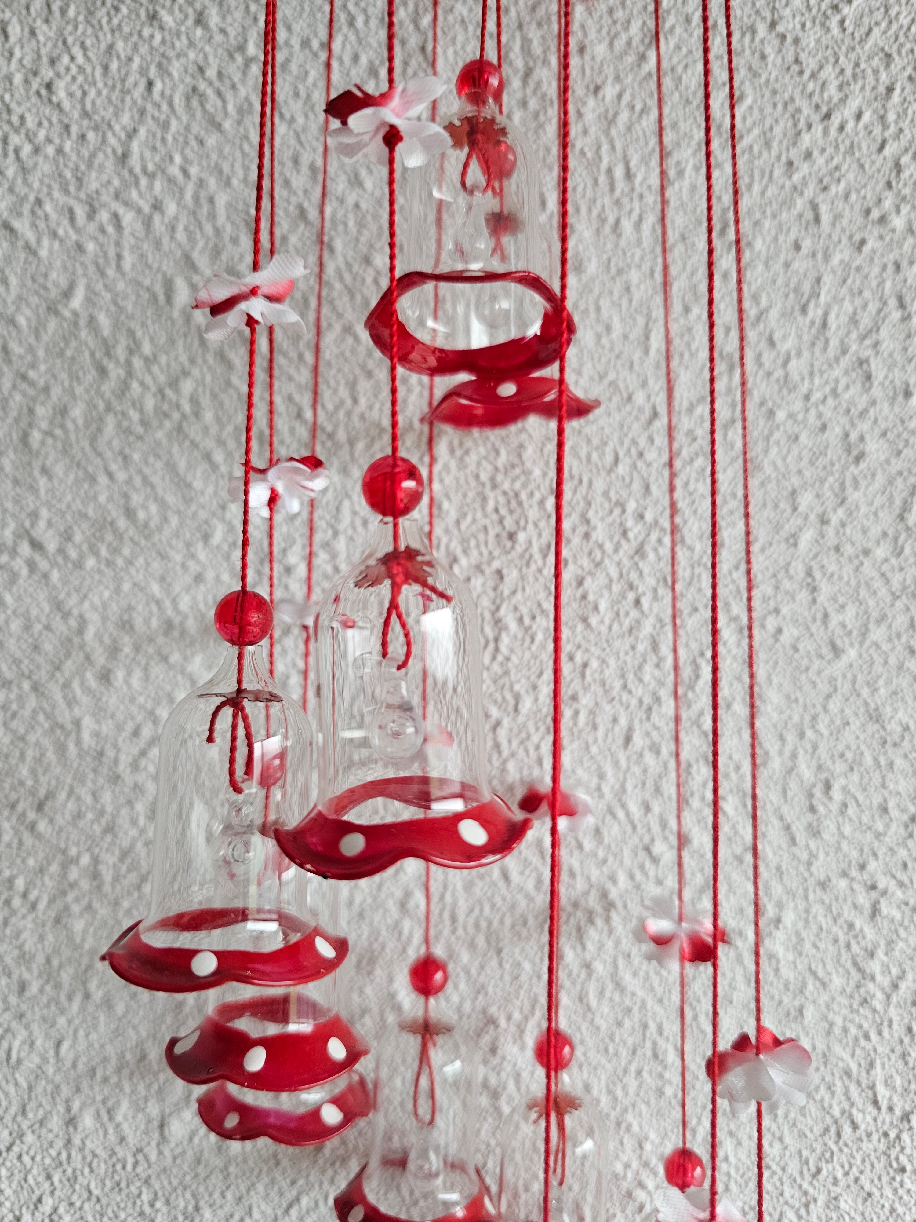 Kerst windgong met glazen belletjes rood &amp; transparant