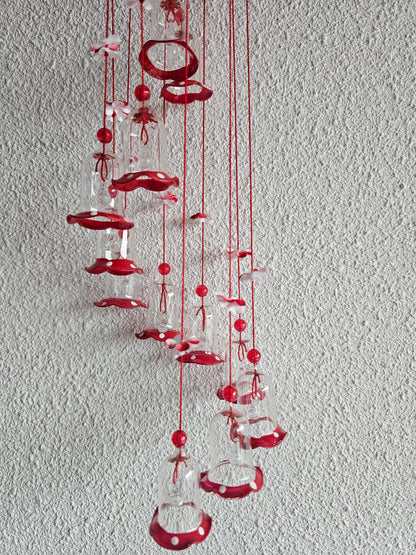 Kerst windgong met glazen belletjes rood &amp; transparant