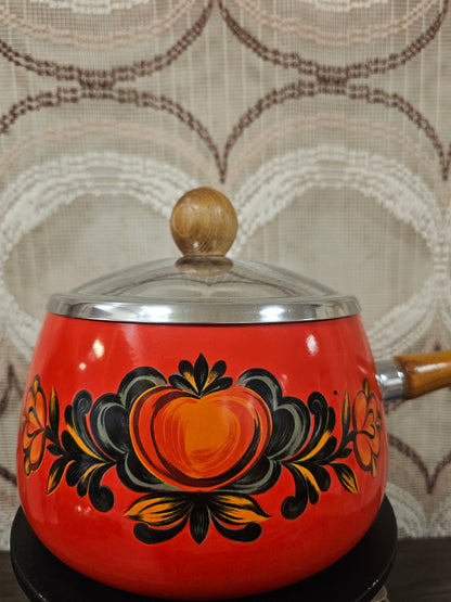 Vintage fonduepan rood met bloemen en metalen houder