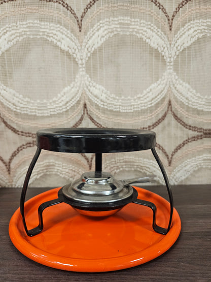 Vintage oranje fonduepan emaille met onderstel en brander