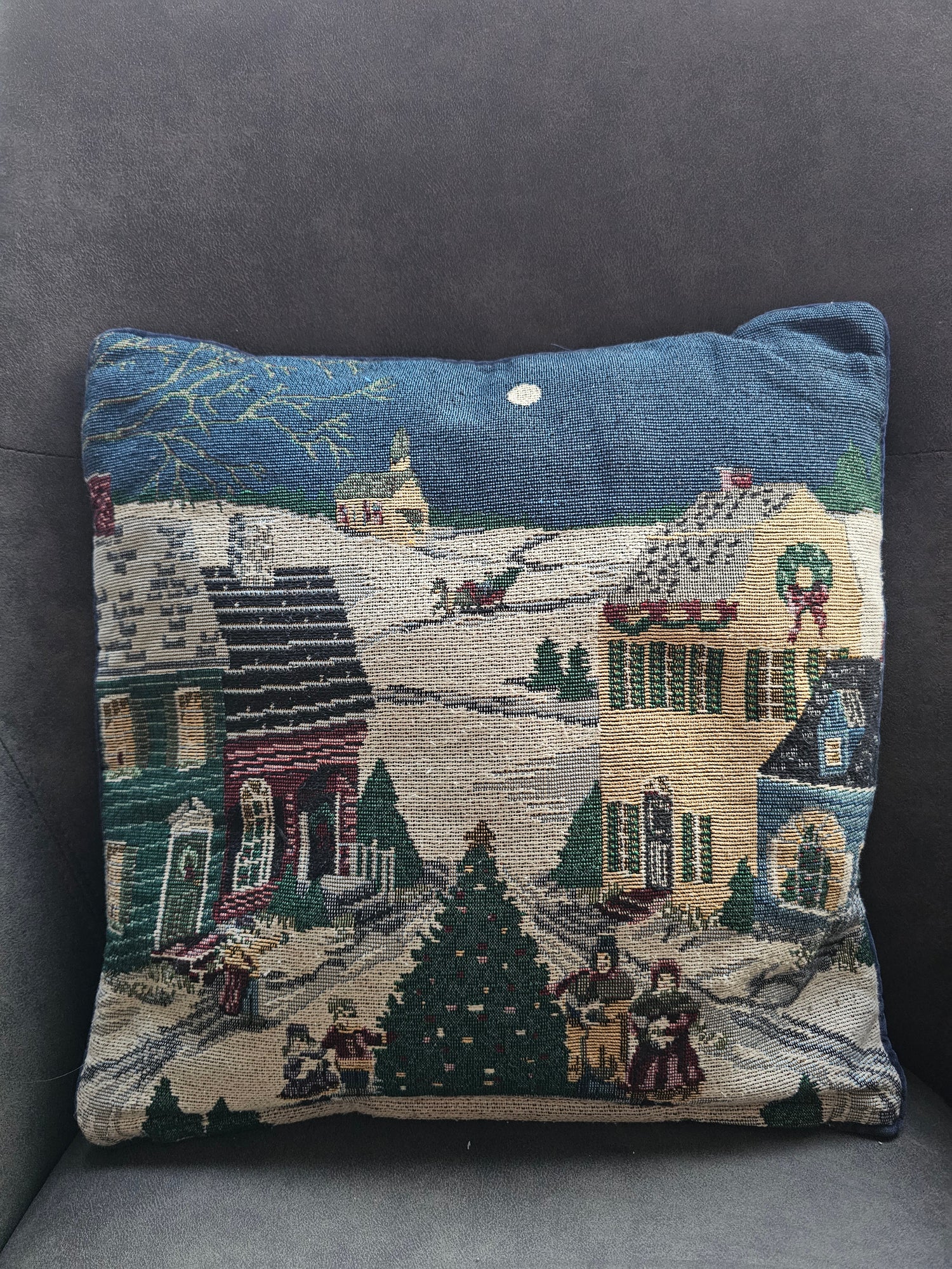 Gobelin vintage kussenhoes met rits besneeuwd kerstdorp