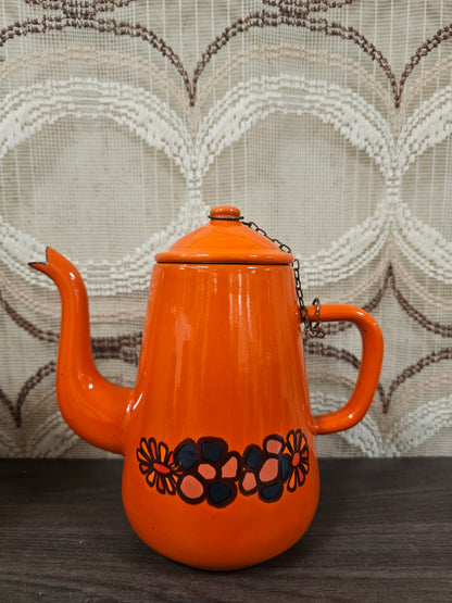 Brabantia koffiepot Diane oranje emaille jaren 70 met bloemmotief