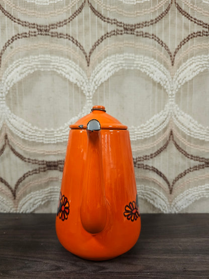 Brabantia koffiepot Diane oranje emaille jaren 70 met bloemmotief