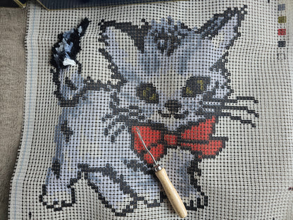 Vintage knoopkussenpakket kitten – Smyrna wol compleet