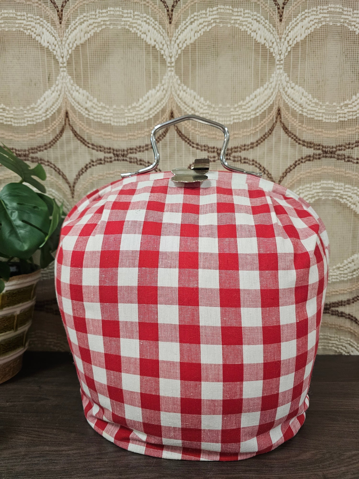 Vintage theebeurs met knip – rood wit geblokt