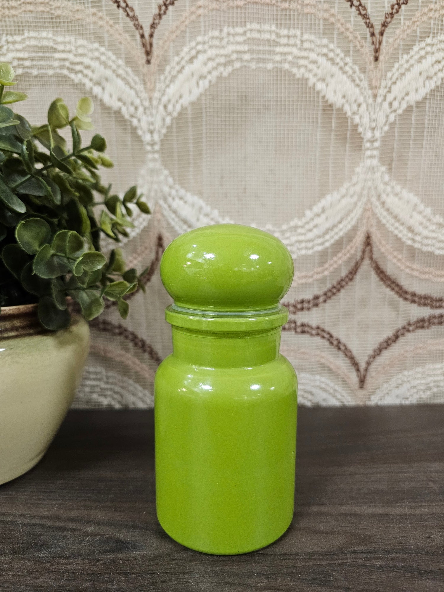 Vintage apothekerspot groen glas circa 14 cm hoog