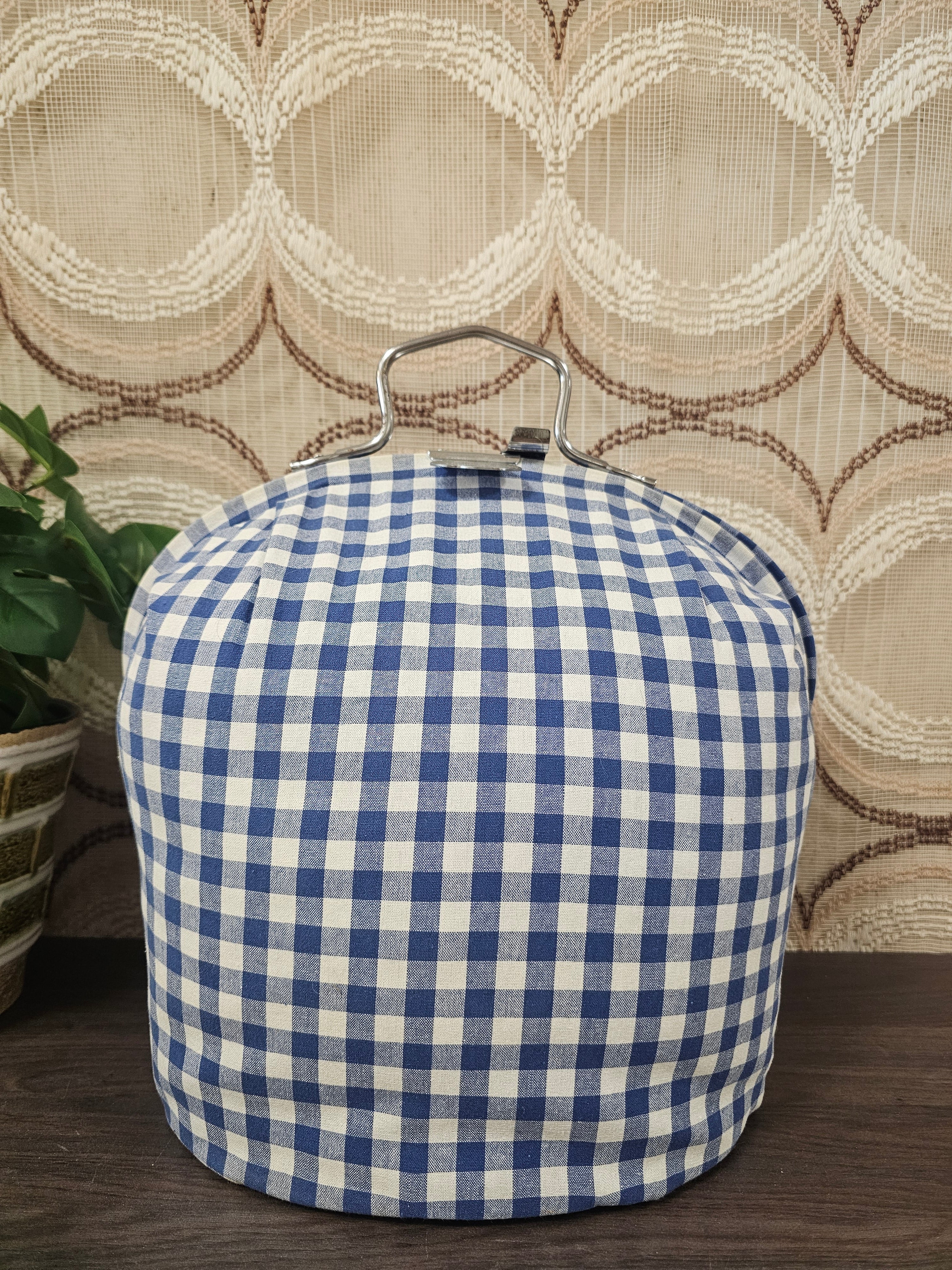 Theebeurs met knip blauw wit geblokt