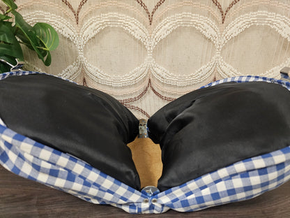 Theebeurs met knip blauw wit geblokt