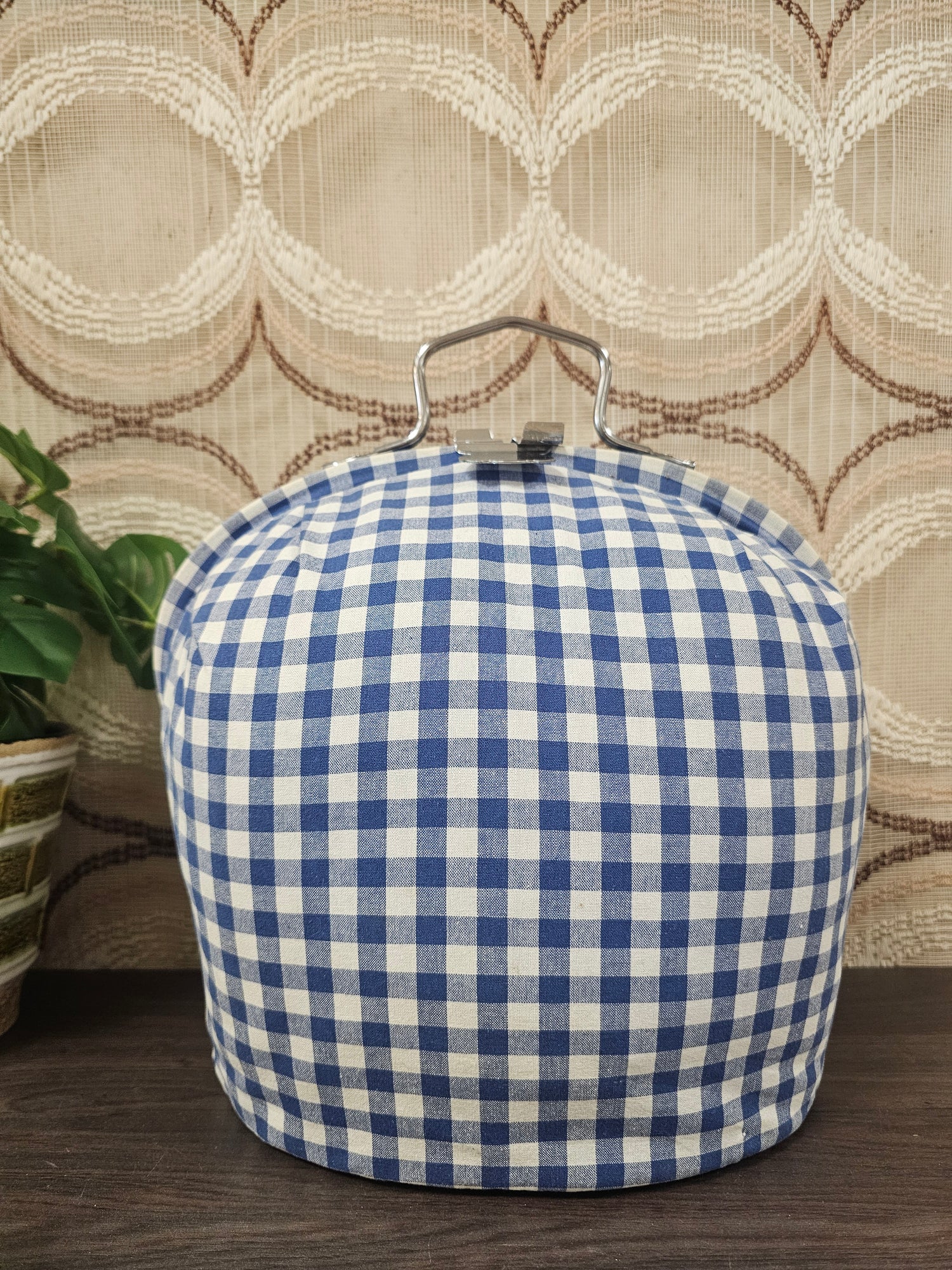 Theebeurs met knip blauw wit geblokt