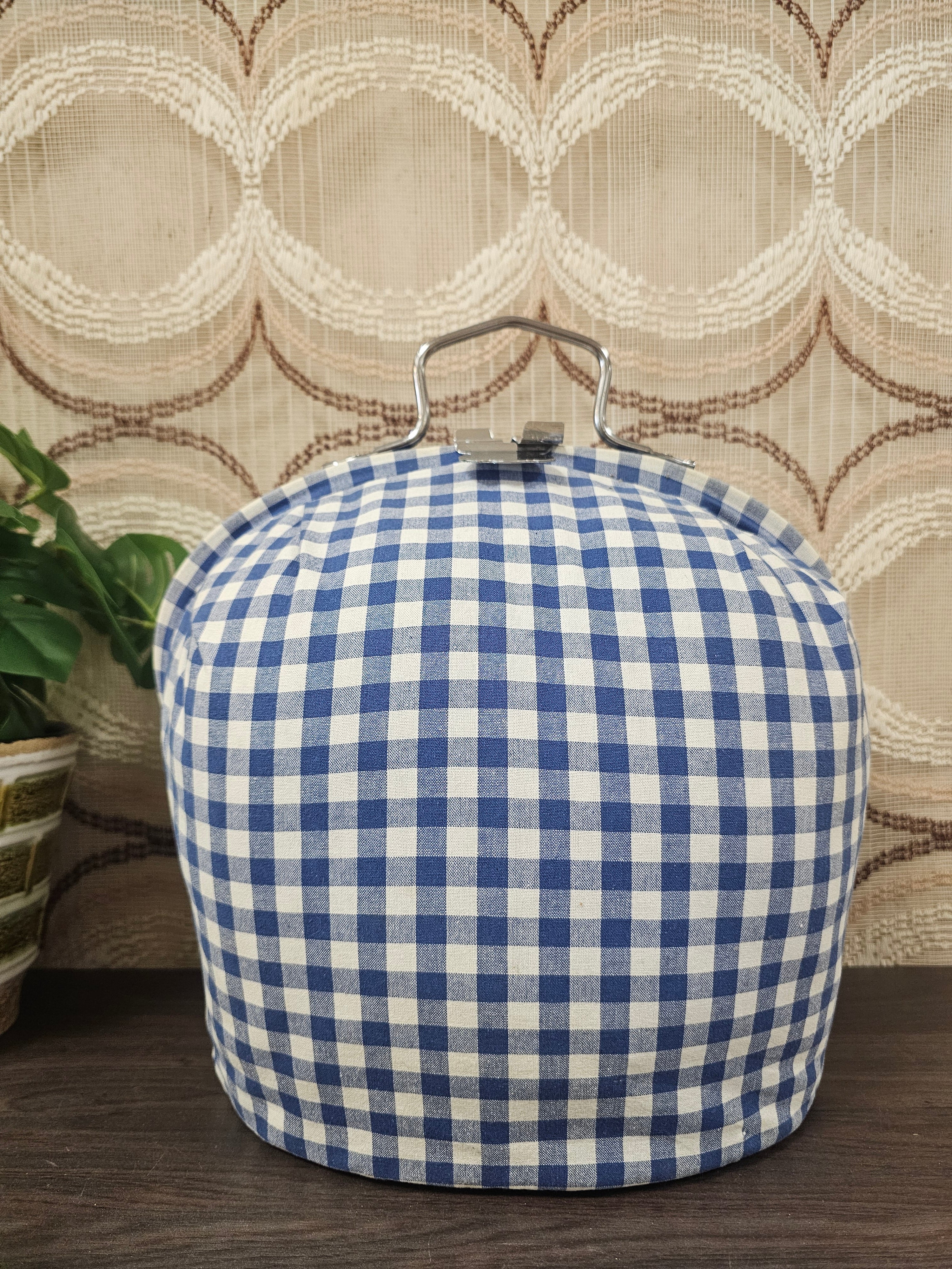 Theebeurs met knip blauw wit geblokt