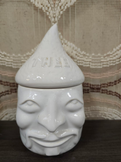 Vintage keramiek pot met gezicht wit THEE