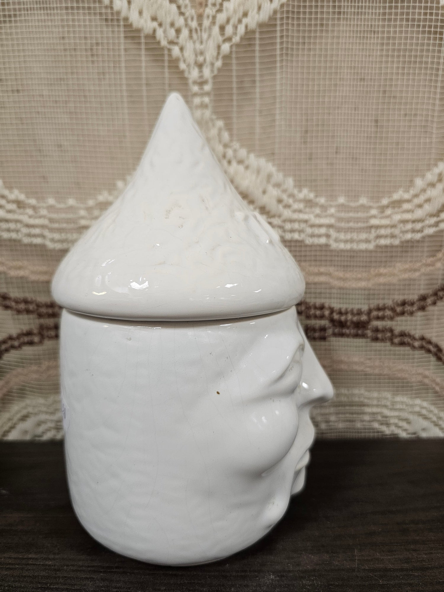 Vintage keramiek pot met gezicht wit THEE