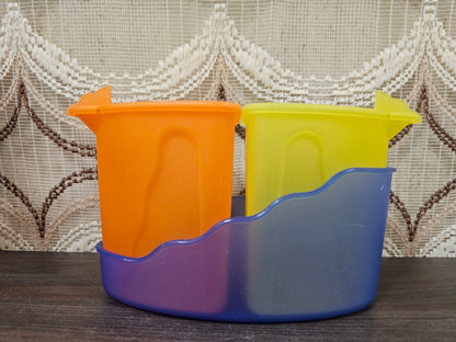Tupperware roomstel geel oranje met blauwe houder
