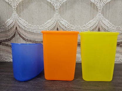 Tupperware roomstel geel oranje met blauwe houder