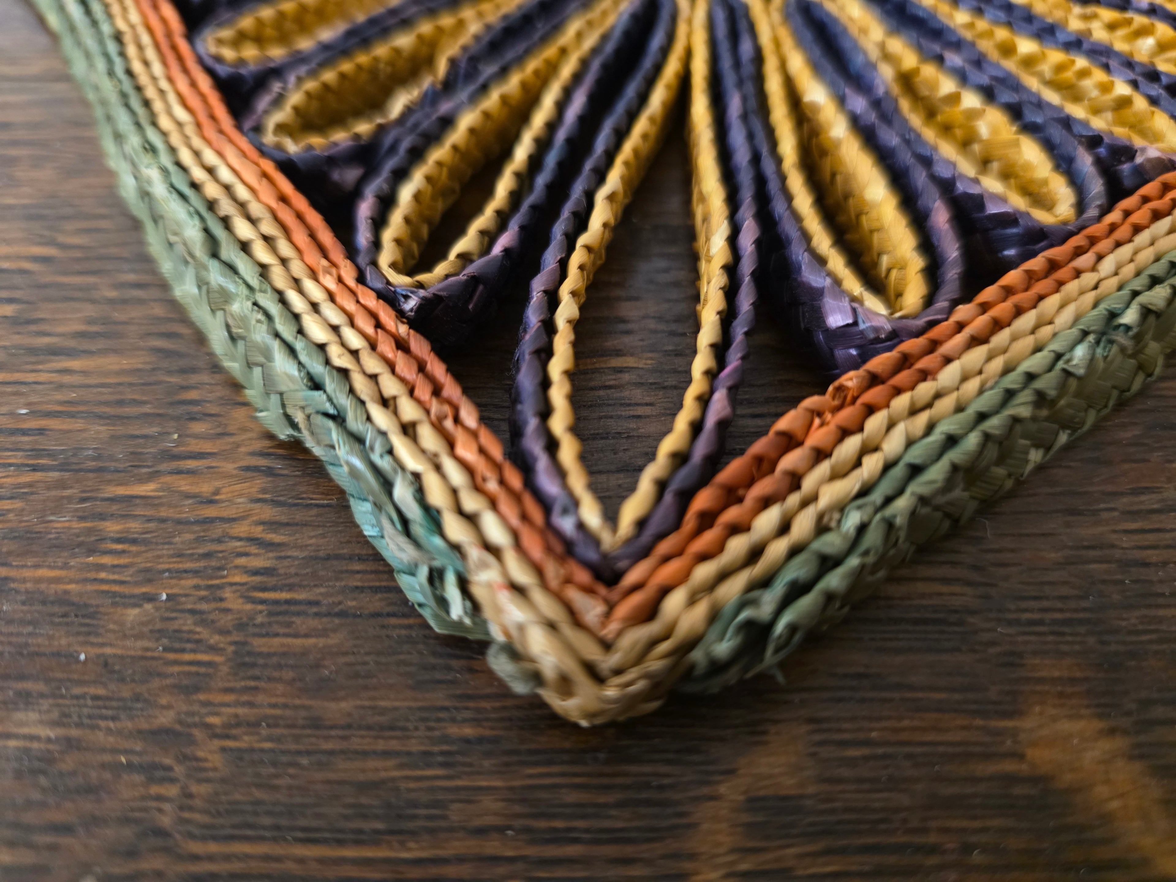 Raffia pannenonderzetter vierkant – paars oker bloemmotief