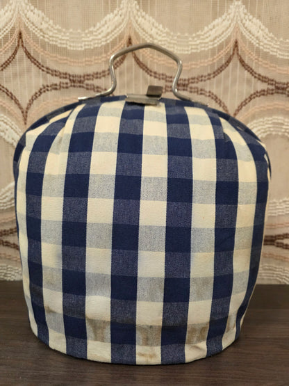 Douwe Egberts theebeurs blauw wit geblokt vintage