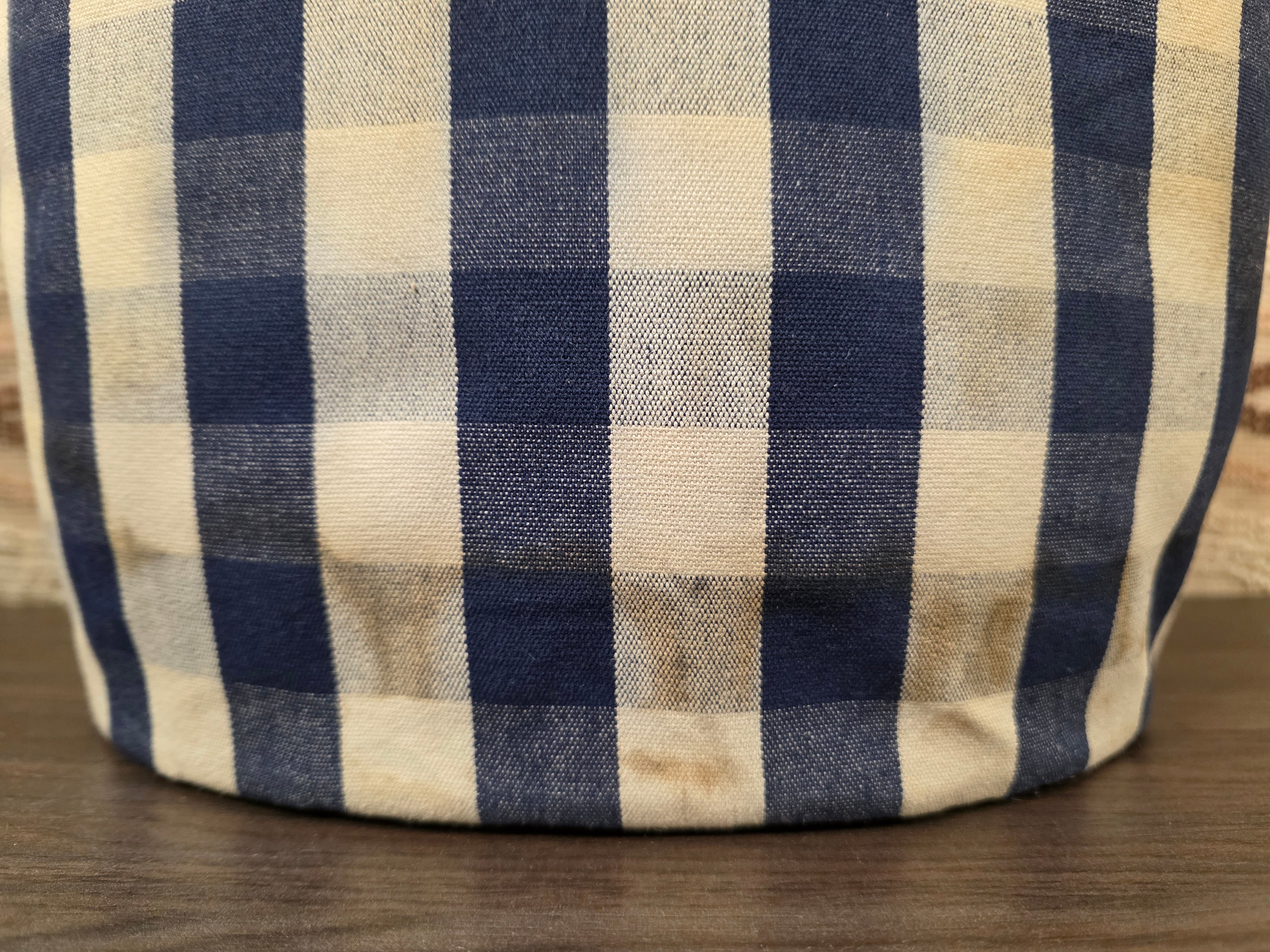 Douwe Egberts theebeurs blauw wit geblokt vintage