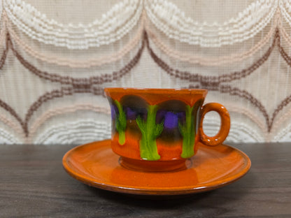 Vintage kop en schotel oranje met paars groen fat lava