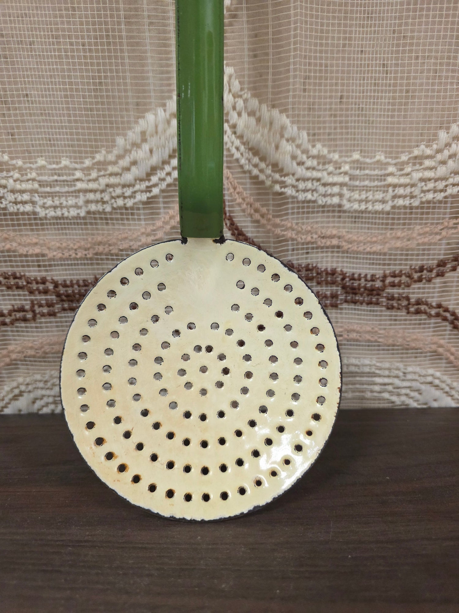 Vintage emaille schuimspaan reseda groen