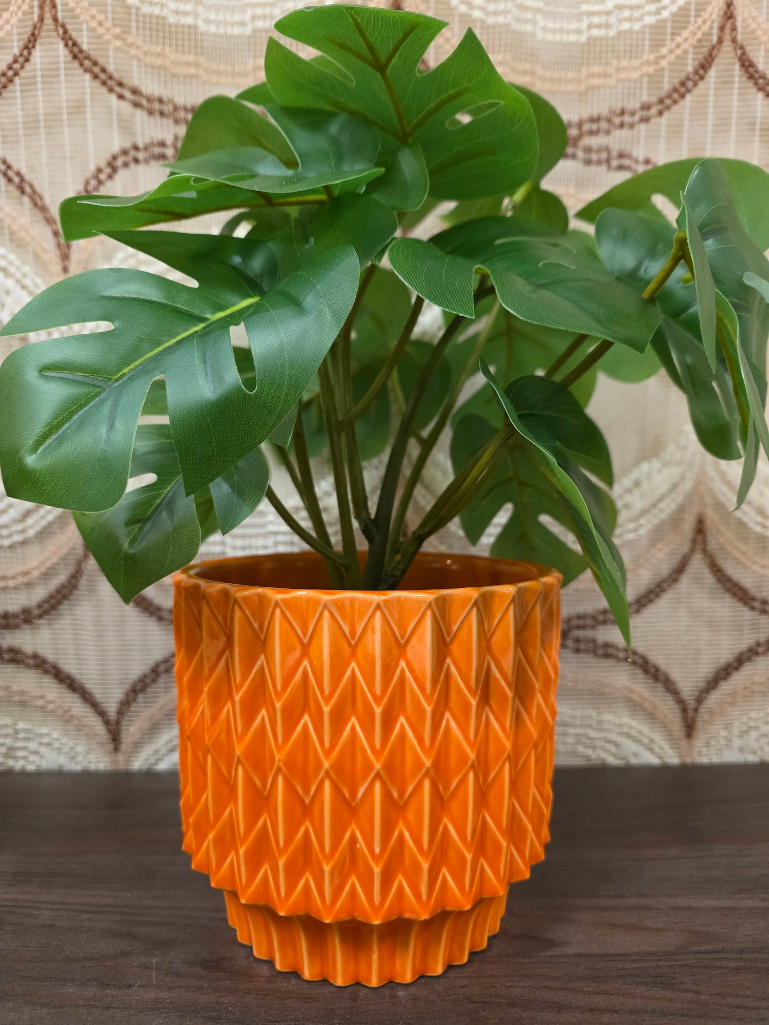 Retro bloempot oranje keramiek 12,5 x 14 cm