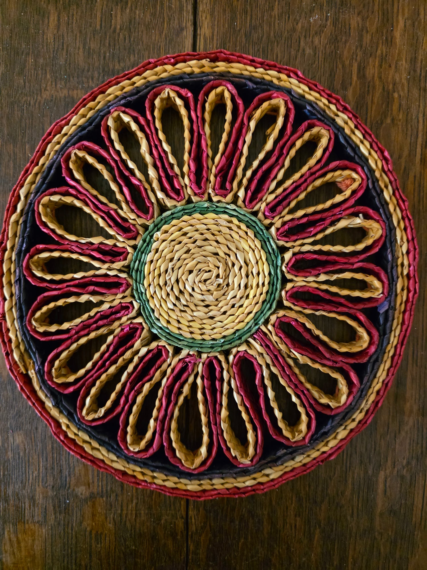 Raffia pannenonderzetter rond – blauw rood