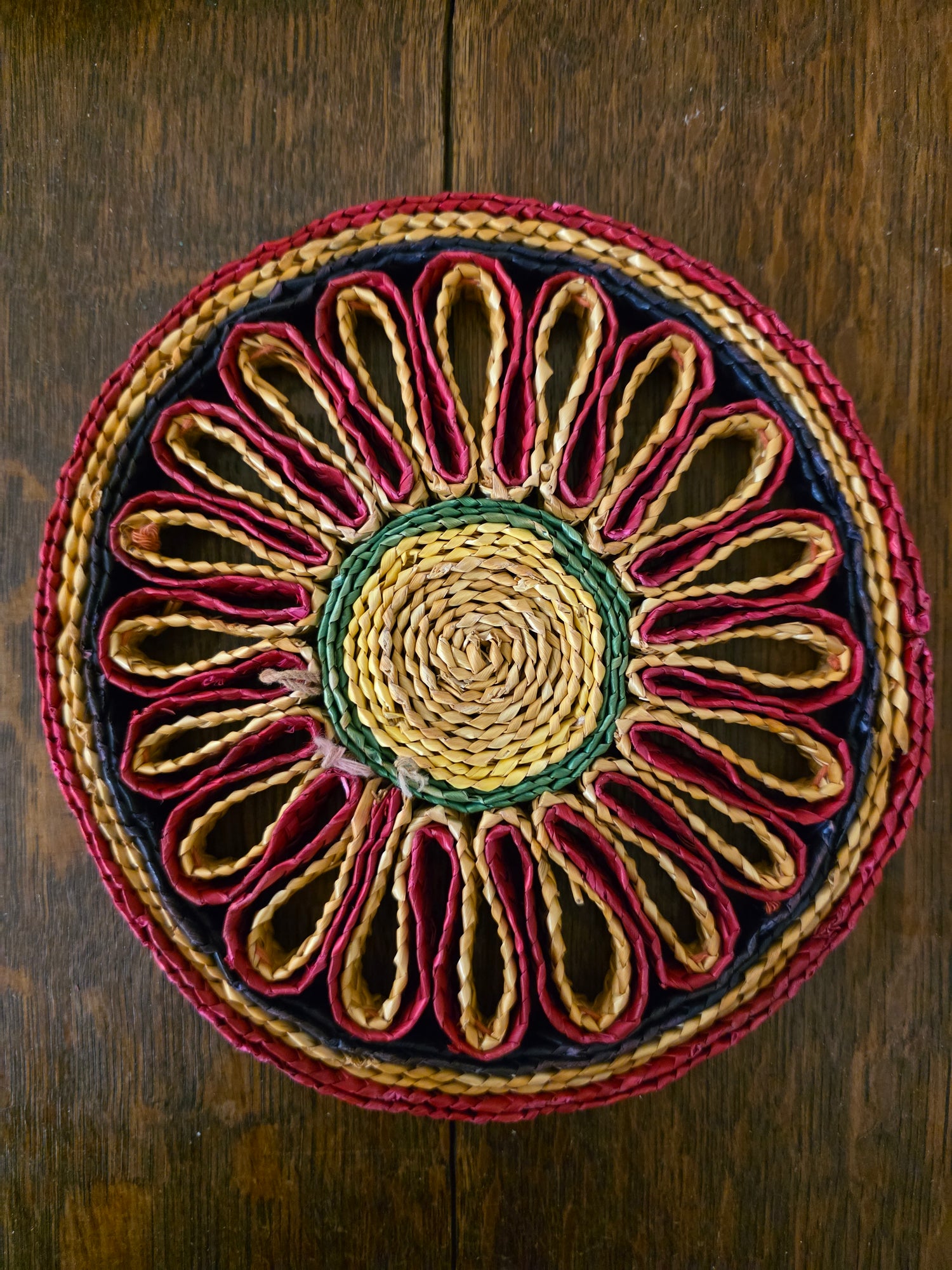 Raffia pannenonderzetter rond – blauw rood