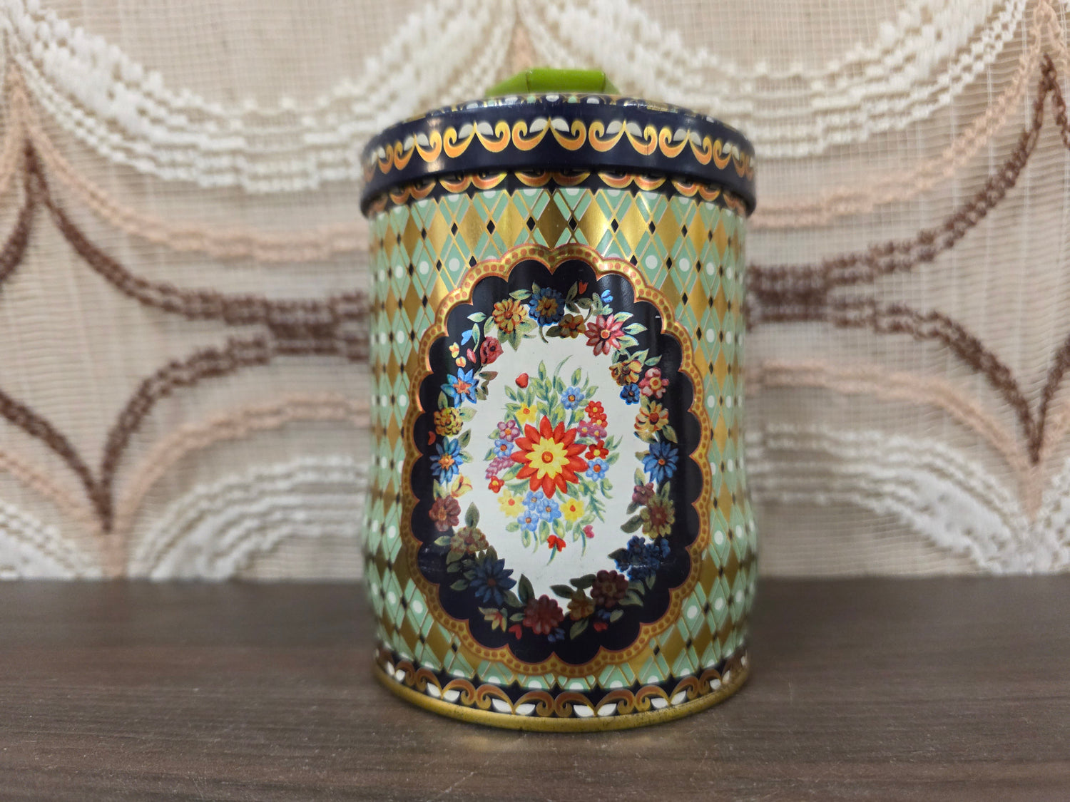Vintage bloemen voorraadblik met groene knop 12 cm