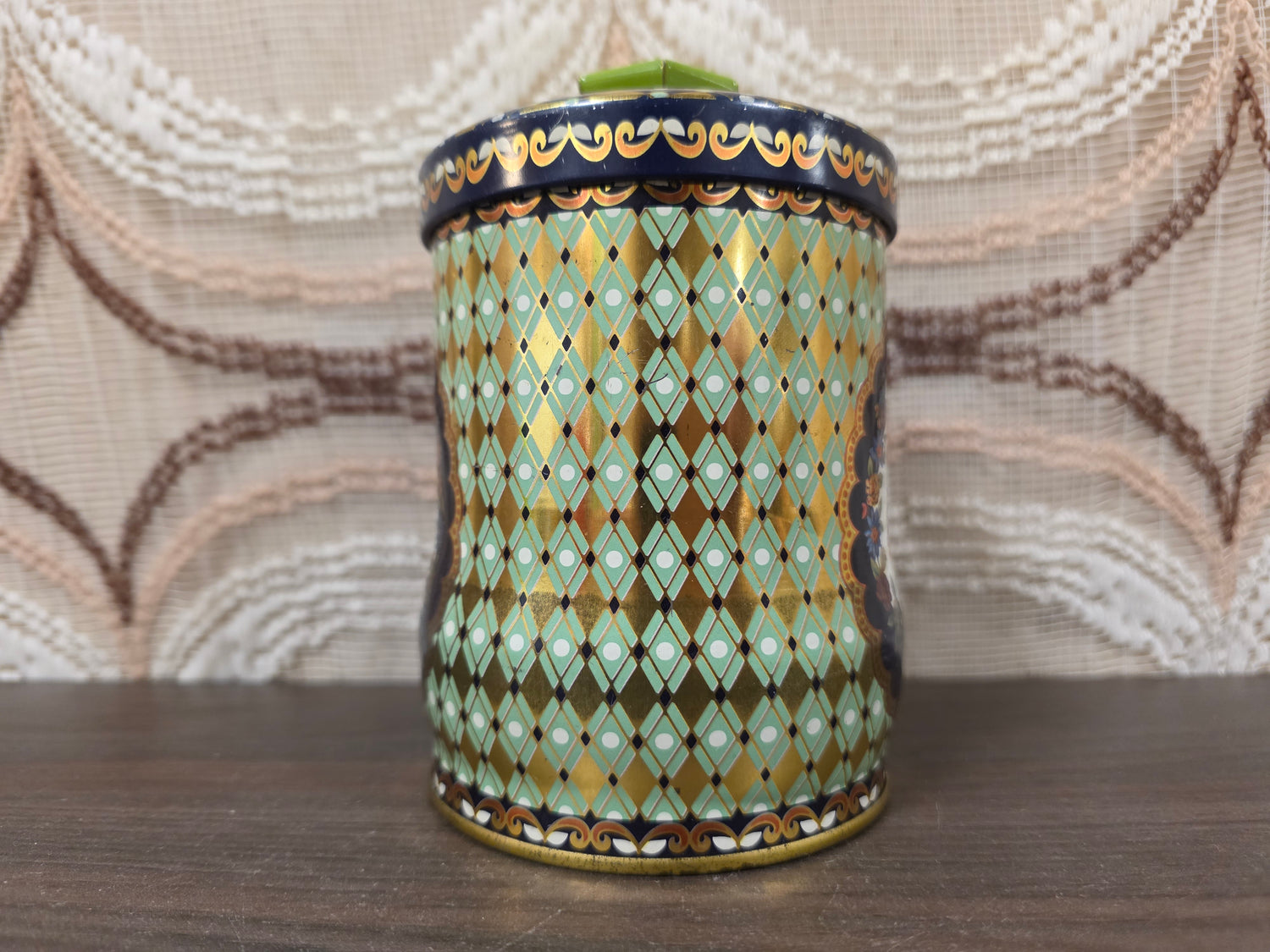 Vintage bloemen voorraadblik met groene knop 12 cm