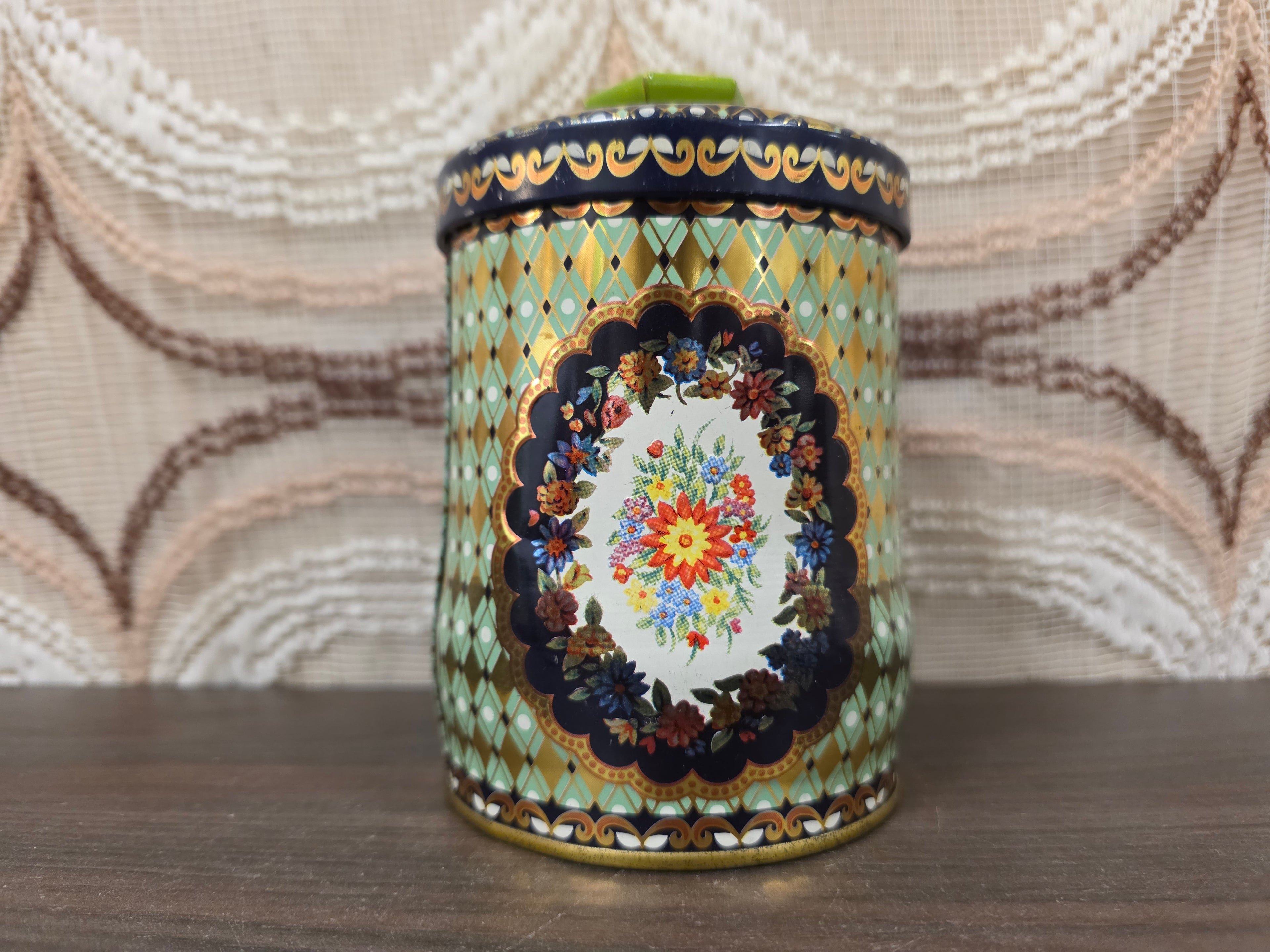 Vintage bloemen voorraadblik met groene knop 12 cm