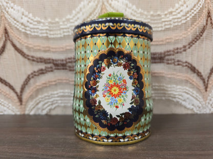 Vintage bloemen voorraadblik met groene knop 12 cm