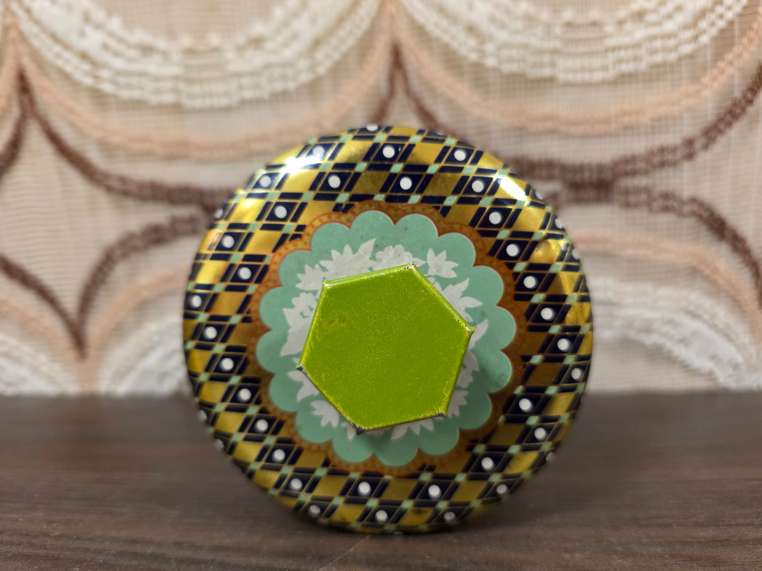 Vintage bloemen voorraadblik met groene knop 12 cm