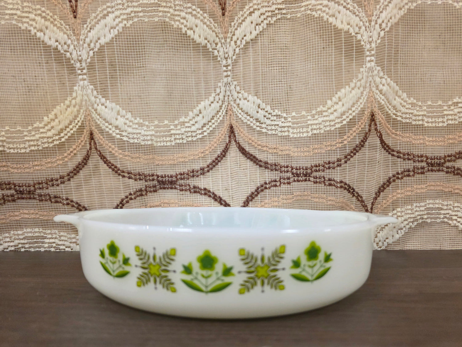 Vintage ovenschaal Anchor Hocking rond groen bloemenmotief 26,5